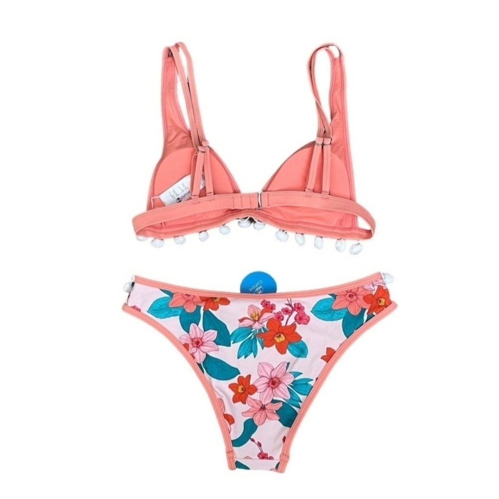 Cupshe ✦ Coral Floral Bikini Set ✦ Pom Pom Trim Adjustable Triangle Top S NWT - Picture 10 of 17